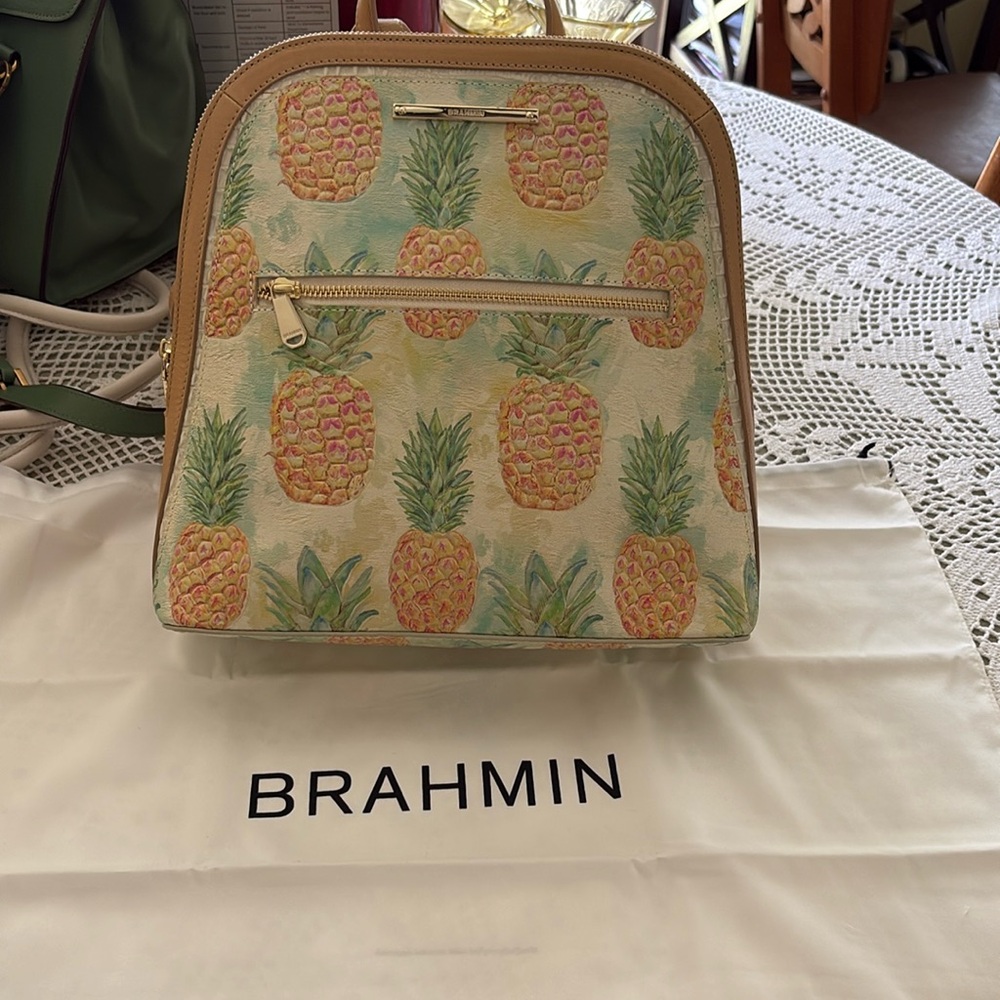 Brahmin Felicity Pompano Cream and Tan Pineapple Backpack with Structured Design